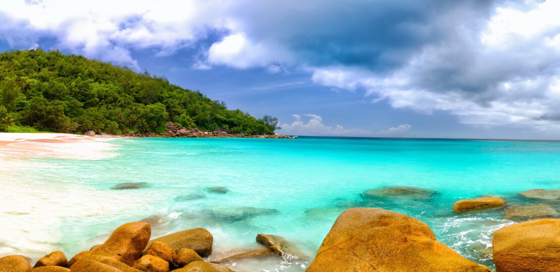 Anse Georgette beach panorama in Praslin Island, Seychelles